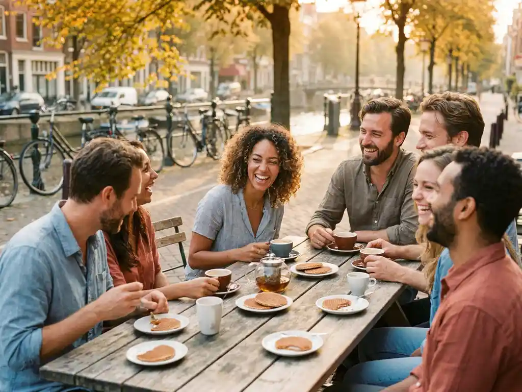 Diverse expats laughing together at a sunlit Amsterdam café terrace with stroopwafels and coffee, bicycles parked along a canal behind them.