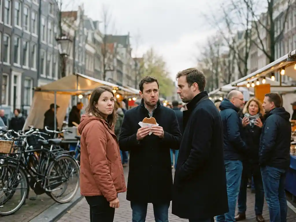 Expat holding a stroopwafel at a busy Dutch street market, surrounded by locals near canal houses and bicycles on an overcast afternoon.