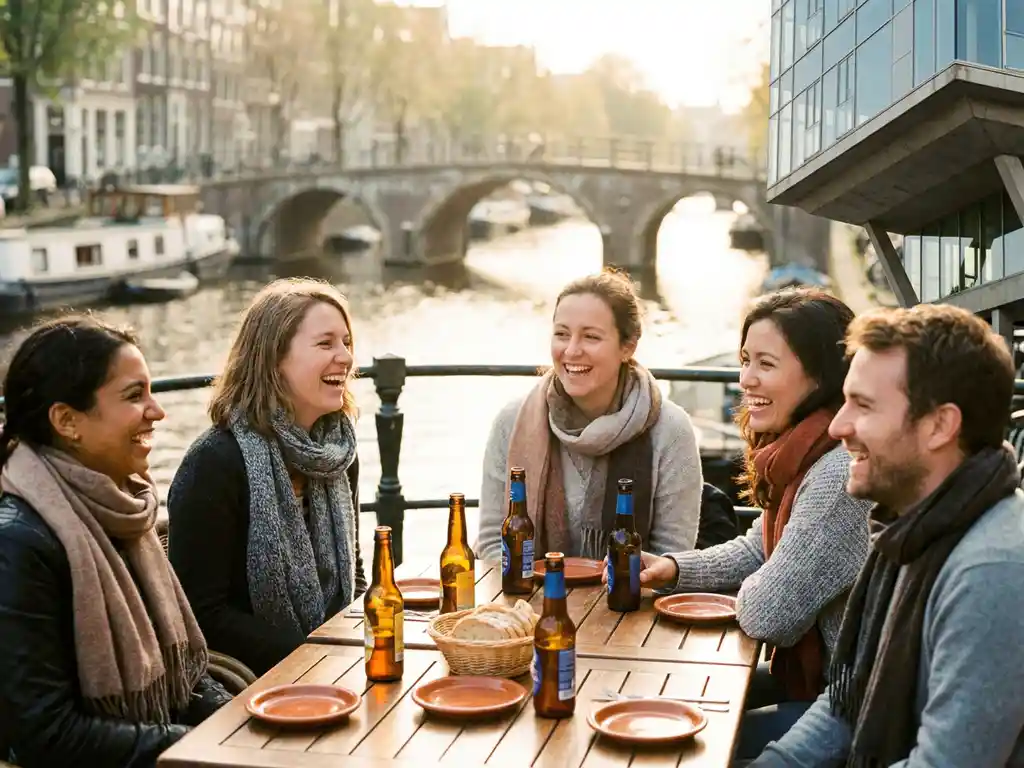 Expats laughing together at a sunlit Amsterdam canal café terrace during golden hour, glass beer bottles catching warm amber light.