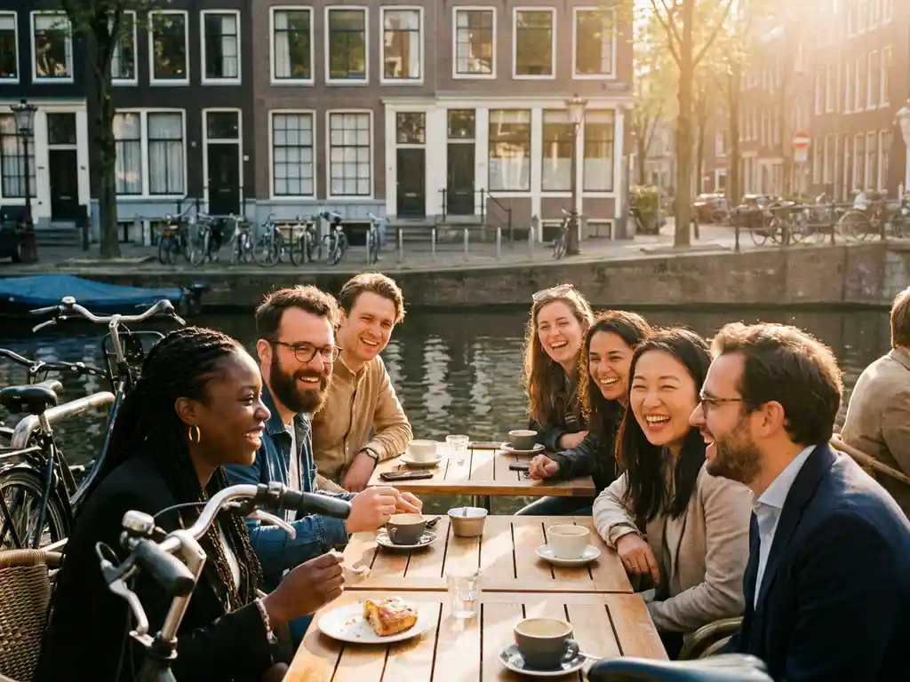 Diverse group of expats laughing on a sunlit Amsterdam café terrace with canal, brick row houses, coffee cups, and bicycles nearby.