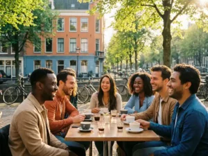 Diverse expats laughing together at a sunlit Amsterdam café terrace, bicycles parked along a canal beneath linden trees.
