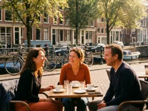 Expats laughing together at a sunlit Dutch canal-side café terrace, bicycles parked along the waterway behind them.