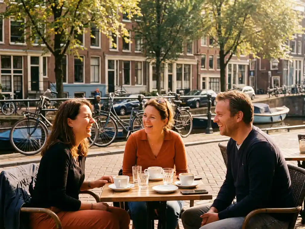 Expats laughing together at a sunlit Dutch canal-side café terrace, bicycles parked along the waterway behind them.