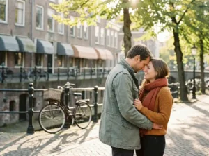 Couple sharing a tender moment on a sunlit Amsterdam canal street, golden afternoon light filtering through linden trees with a bicycle on a bridge nearby.