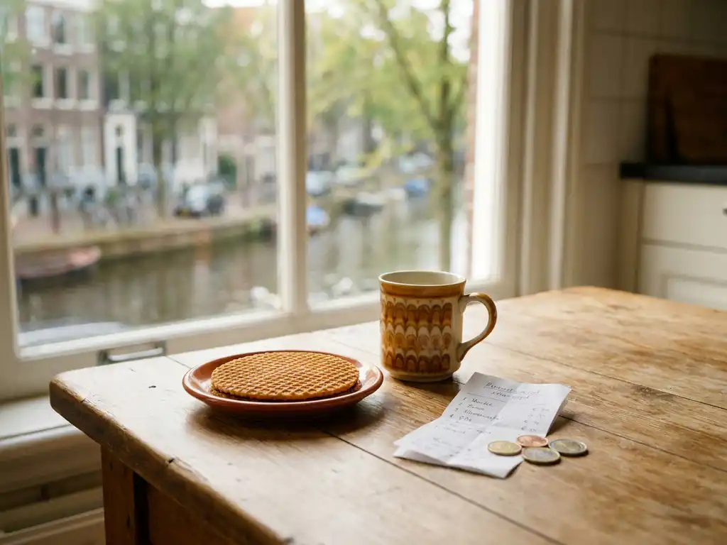 Dutch kitchen table with stroopwafel, ceramic coffee mug, euro coins, and grocery receipt in warm morning light, Amsterdam canal window in background.
