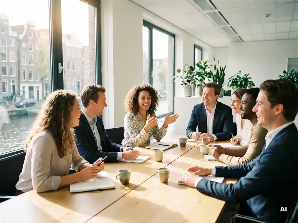 Six diverse colleagues practicing Dutch conversation with an instructor around a modern conference table, natural light, notebooks and coffee cups nearby.