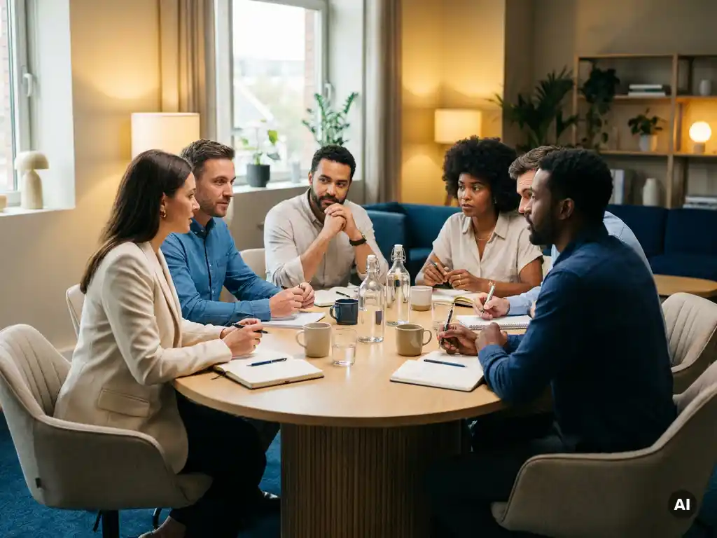Diverse professionals gathered around a bright conference table for an intimate group learning session in a modern corporate office.