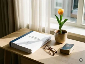 Course proposal document on a modern desk with glasses, a Dutch-English dictionary, and a potted tulip in warm amber light.