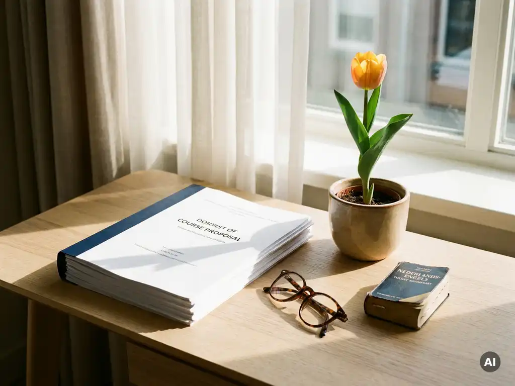 Course proposal document on a modern desk with glasses, a Dutch-English dictionary, and a potted tulip in warm amber light.