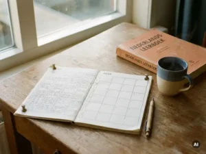 Split calendar on a wooden desk comparing daily and weekly study schedules, beside a Dutch textbook and steaming coffee in warm afternoon light.