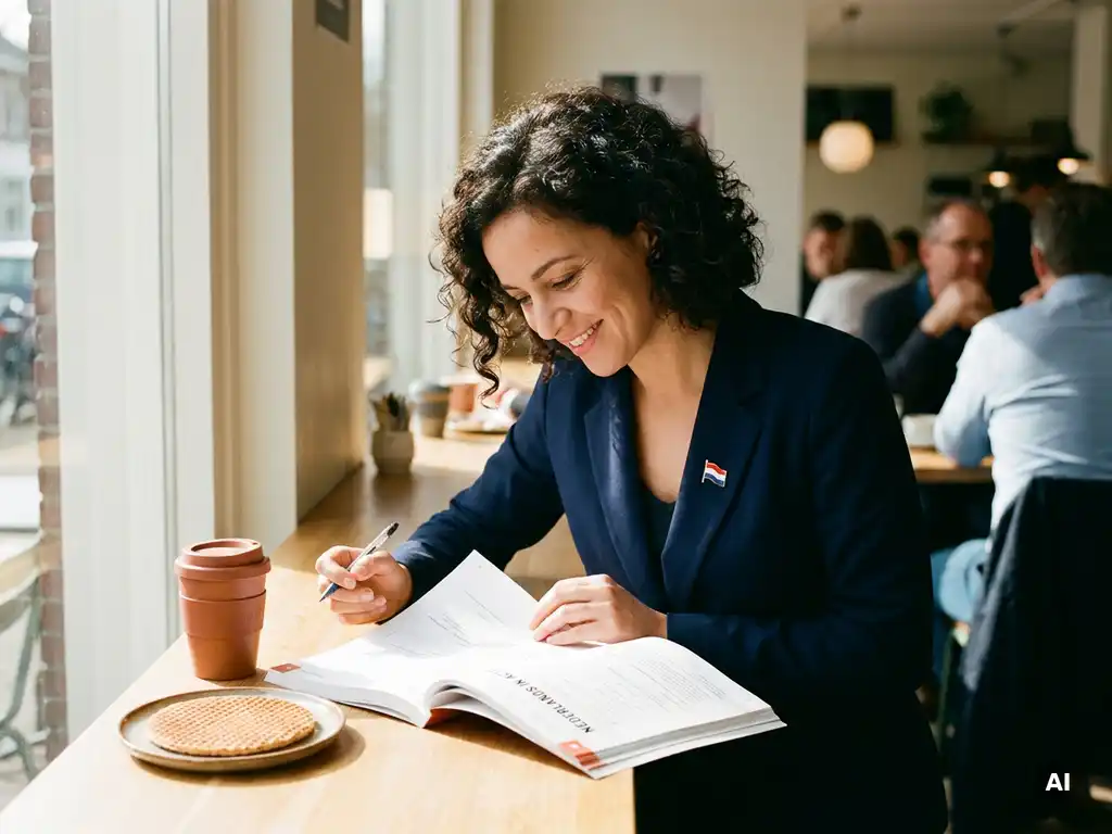 Professional studying a Dutch language workbook at a café, with a stroopwafel and Dutch flag pin on the table, bathed in warm afternoon light.