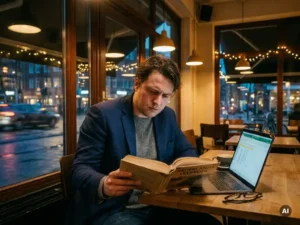 Professional studying a Dutch textbook at a warmly lit café table with a laptop, city lights glowing through windows at evening.
