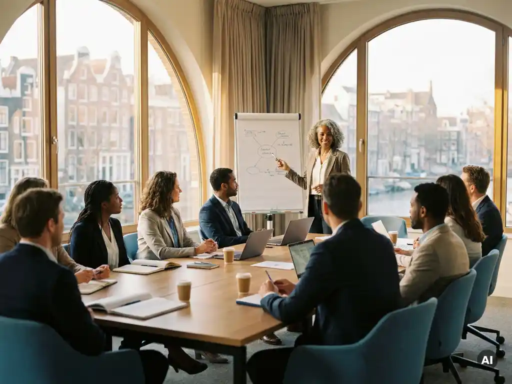 Diverse employees in a corporate training session with a Dutch-speaking trainer at a modern conference table, Amsterdam cityscape visible through large windows.