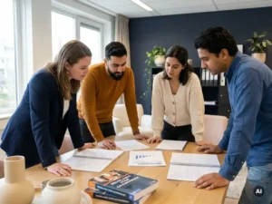 Diverse employees studying Dutch learning materials around a modern office table in Eindhoven, with open notebooks and warm ambient lighting.