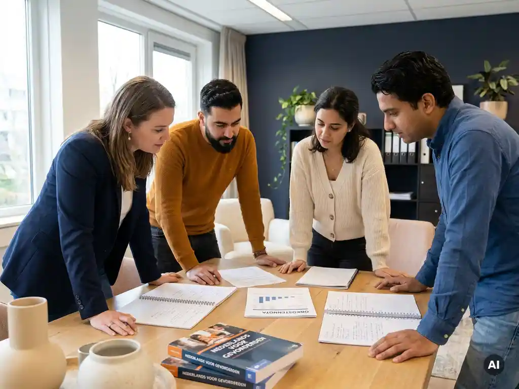 Diverse employees studying Dutch learning materials around a modern office table in Eindhoven, with open notebooks and warm ambient lighting.