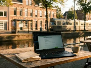 Laptop with Dutch learning interface on a sunlit café table beside a Tilburg canal, with notebook, coffee, and tram-stop street scene in warm afternoon light.