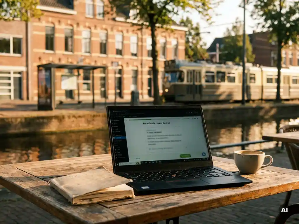 Laptop with Dutch learning interface on a sunlit café table beside a Tilburg canal, with notebook, coffee, and tram-stop street scene in warm afternoon light.