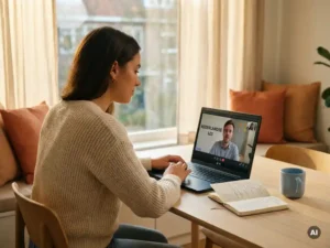 Expat student attending a live online Dutch lesson on a laptop at a sunlit modern home desk with an open notebook nearby.