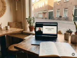 Laptop displaying a Dutch video lesson beside a handwritten vocabulary notebook on a café table, warm Helmond street visible through the window.