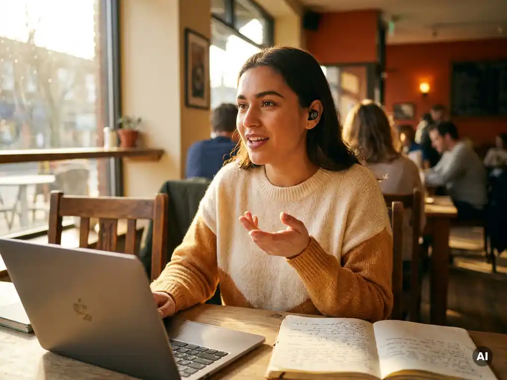 Young woman with wireless earbuds practicing Dutch conversation at a sunlit café, laptop open and handwritten notes nearby.