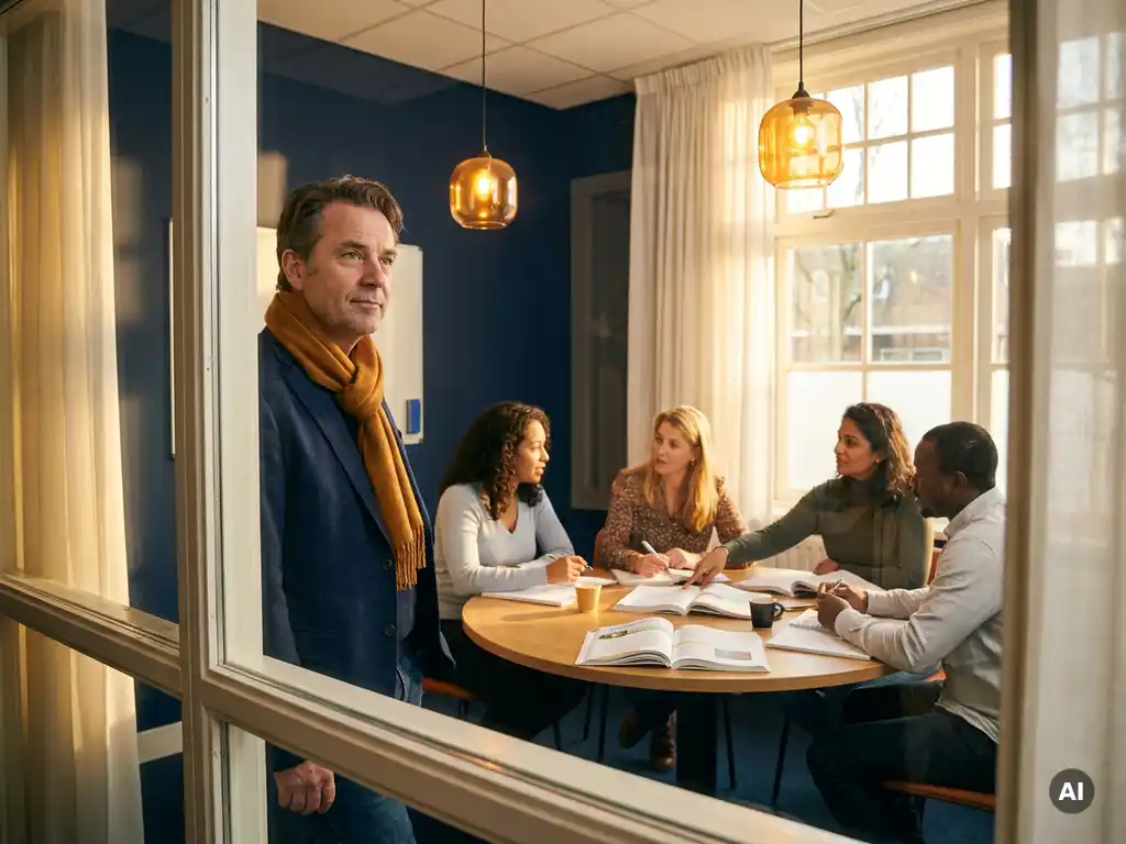 Employer observing a small group of diverse expats studying Dutch in a warm, modern Eindhoven classroom through a glass window.