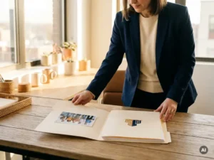 Employer comparing two open folders on a modern desk, one with a diverse learner group photo, the other with a corporate logo, in warm afternoon light.