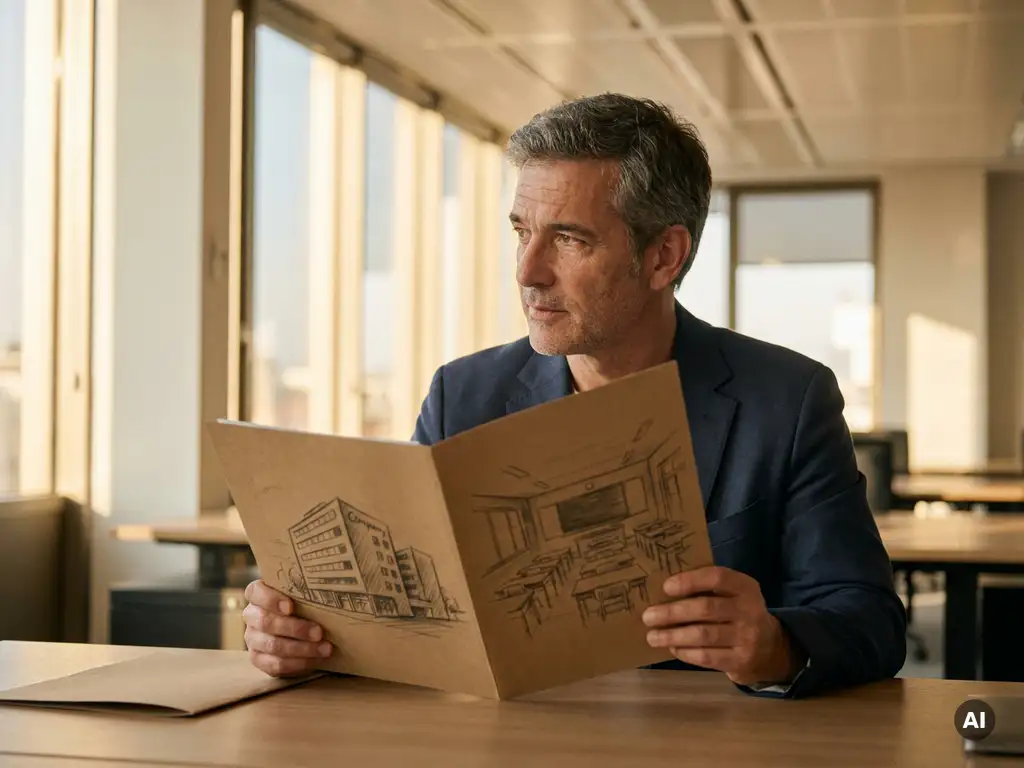 Employer at a modern desk comparing two open folders representing company training and classroom education in warm natural light.