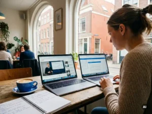 Expat studying Dutch at a sunlit café with two laptops showing language course interfaces, notebook, and coffee on a warm cream table.