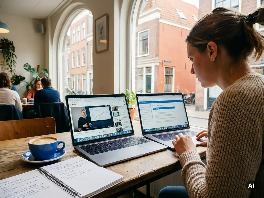 Expat studying Dutch at a sunlit café with two laptops showing language course interfaces, notebook, and coffee on a warm cream table.