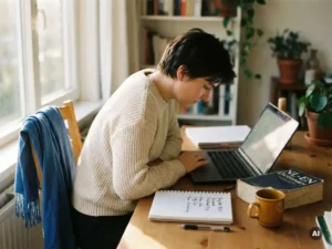Expat working at a wooden desk with a laptop, handwritten checklist, Dutch-English dictionary, and coffee in warm natural light.