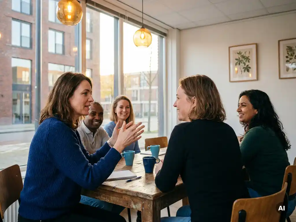 Expat woman gesturing confidently while speaking in a Dutch language class in Eindhoven, seated with international students in warm afternoon light.