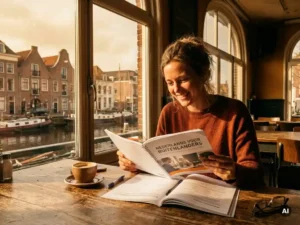 Smiling expat woman studying a Dutch language workbook at a sunlit Tilburg café, canal and brick architecture visible through the window.