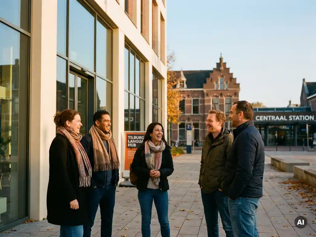 Diverse group of expats laughing outside a modern language school near Tilburg's central station, Dutch architecture in warm autumn light.