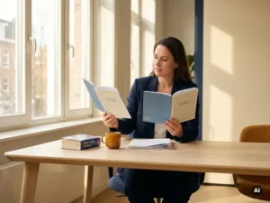 HR manager comparing two printed course brochures on a modern office desk beside a Dutch-English dictionary and coffee mug.