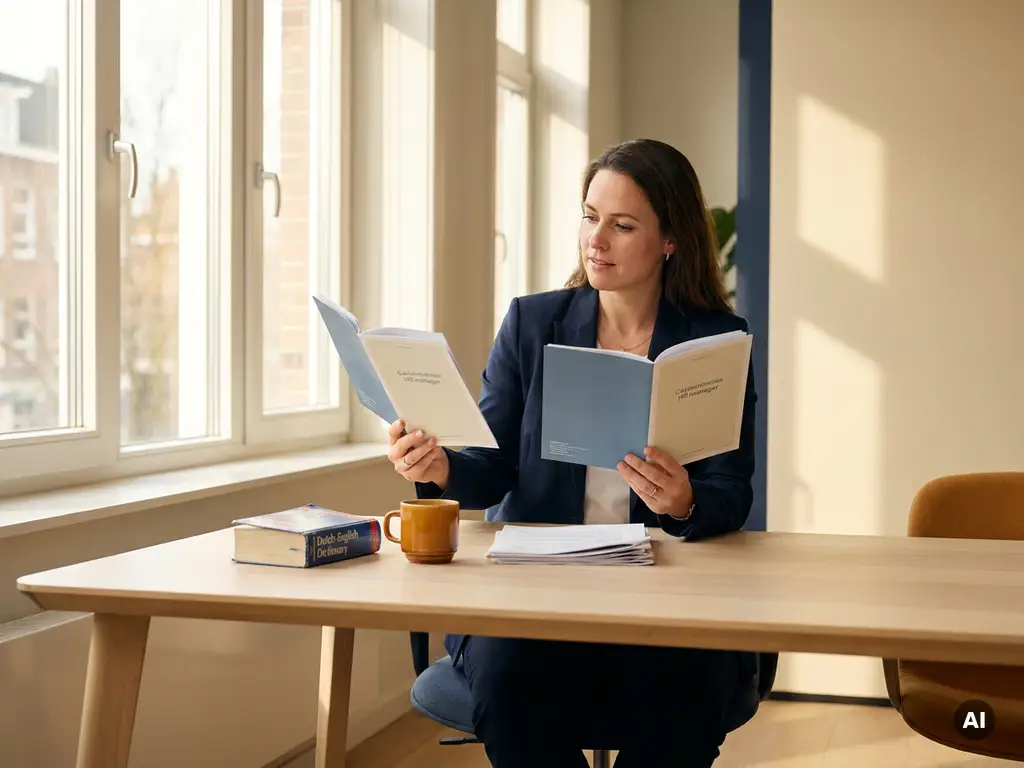 HR manager comparing two printed course brochures on a modern office desk beside a Dutch-English dictionary and coffee mug.
