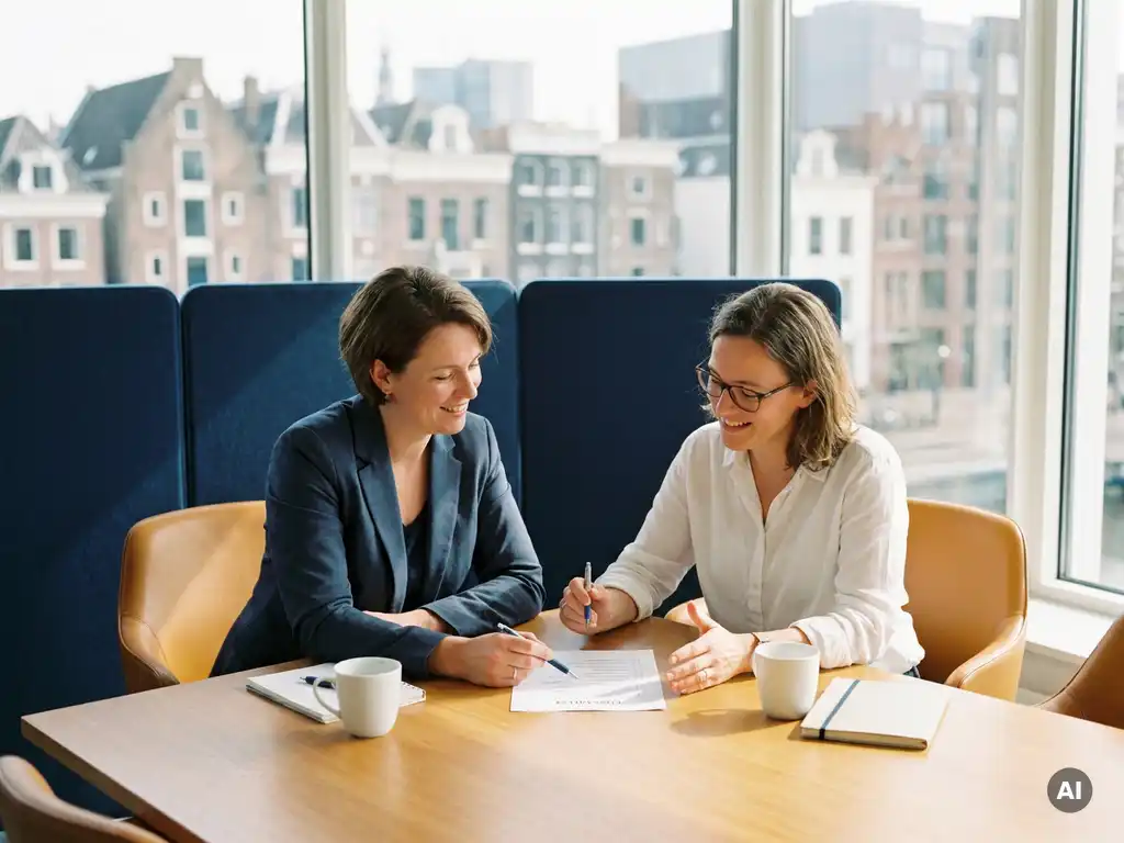 HR manager and Dutch language trainer reviewing a checklist together at a modern office table with city skyline views.