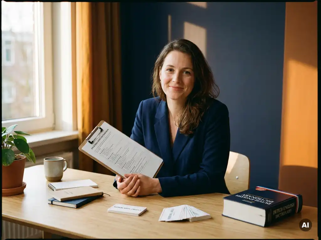 HR professional reviewing a clipboard checklist beside a Dutch-English dictionary and language learning materials on a sunlit modern office desk.