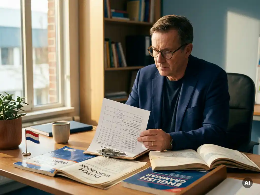 HR professional reviewing a comparison checklist on a clipboard beside Dutch language workbooks and a small Dutch flag pin on a modern office desk.