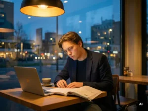 Professional studying a Dutch workbook at an Eindhoven café in the evening, laptop and coffee nearby, warm amber light contrasting twilight outside.