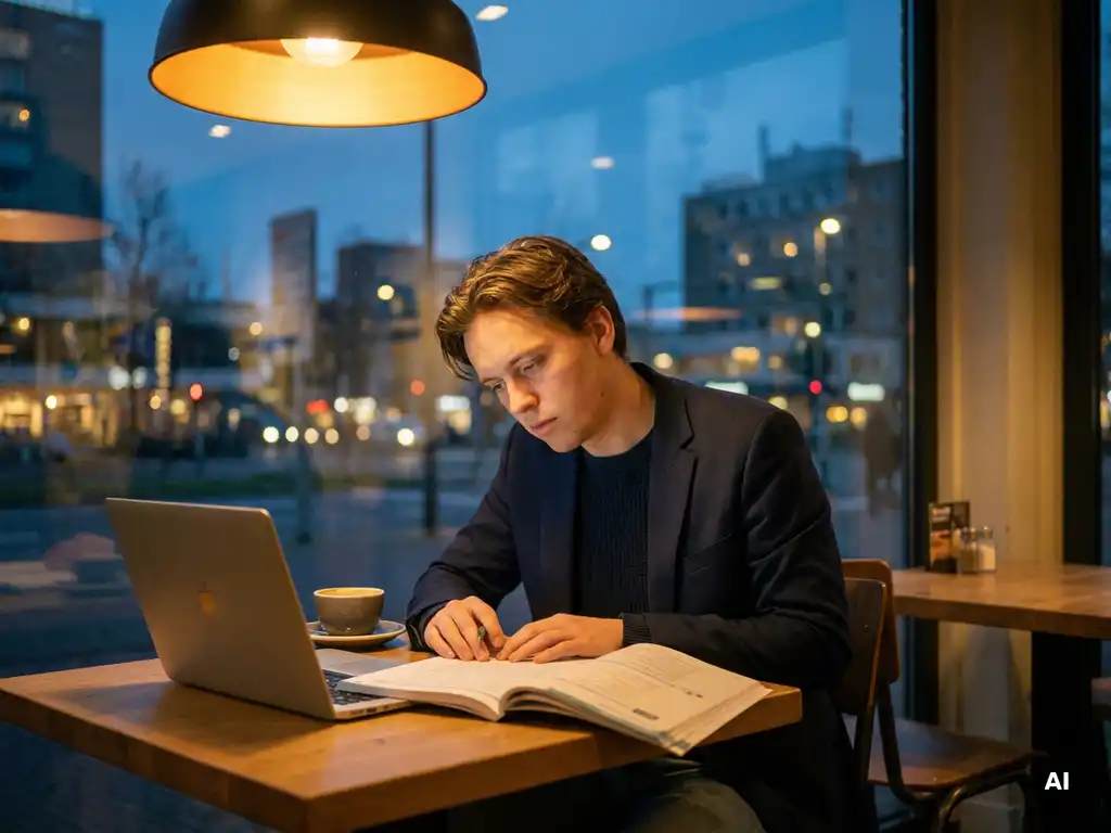 Professional studying a Dutch workbook at an Eindhoven café in the evening, laptop and coffee nearby, warm amber light contrasting twilight outside.